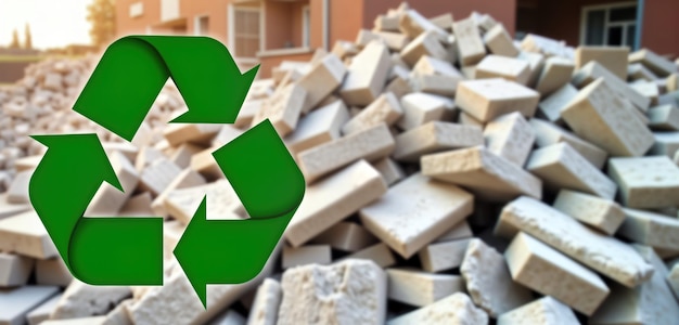 O local de construção mostra a reciclagem de detritos de edifícios demolidos, pilhas de tijolos quebrados e concreto.