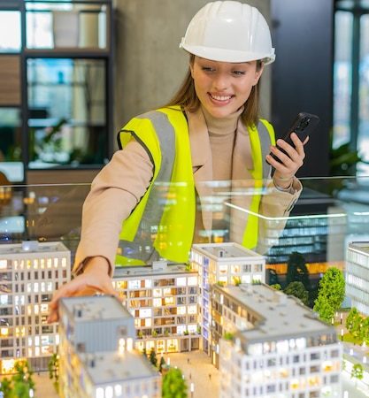 Arquiteto confiante em hardhat usando smartphone enquanto analisa modelo de complexo de escritório no local de trabalho