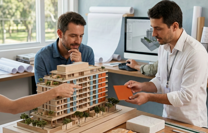 Vista diretamente acima do assistente irreconhecível fotografando o modelo 3D da casa enquanto o arquiteto faz anotações sobre o espaço da sala