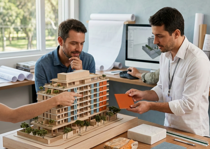 Vista diretamente acima do assistente irreconhecível fotografando o modelo 3D da casa enquanto o arquiteto faz anotações sobre o espaço da sala