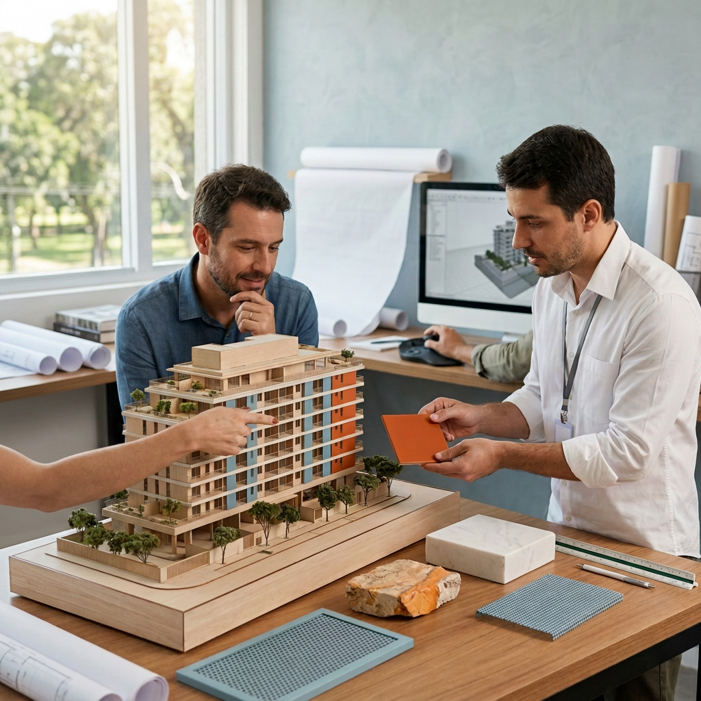 Vista diretamente acima do assistente irreconhecível fotografando o modelo 3D da casa enquanto o arquiteto faz anotações sobre o espaço da sala
